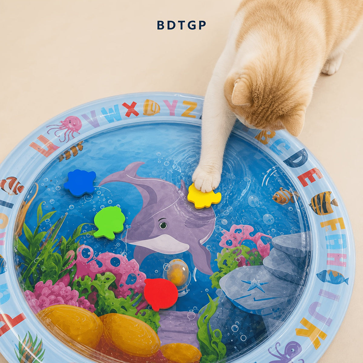 BDTGP Pet Water Play Mat for Cats And Dogs, Inflatable Ocean-Themed Toy with Floating Shapes, Indoor And Shaded Outdoor Activity Mat, Without Battery