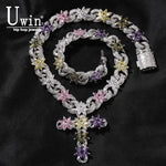 Colorful Flower Cuban Chain Full Paved Iced Out Bling Cubic Zirconia Cross Charms Baguette CZ Cuban Chain HipHop Jewelry