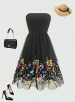 New Elegant Summer Dress for Women Embroidered Mesh Floral Strapless Casual Vintage Party Sleeveless Knee-Length Female Dress