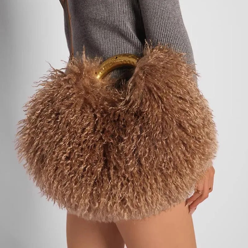 Women's Fashion Long Fur Wool Bag beach Faux Wool Fur Shoulder Bag Ladies Faux Furs Handbag Luxury Mongolian Sheep Fur Bags
