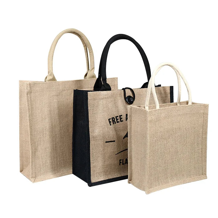 Custom Logo Natural Black Jute Bag Hessian Shopper Tote Bags With Strong Handles