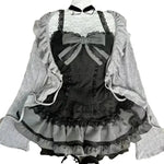 Sweet Lolita Early Autumn Three Piece Set Lace up Ruffles Cardigan Sexy Slim Fit Strapless Vest Tops High Waist Ruched Skirts