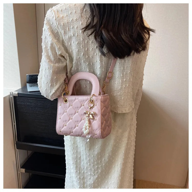 2026 New Arrival Women's Quilted Mini Handbag, Elegant Diamond Pattern Top Handle Bag with Pearl Bow Charm,