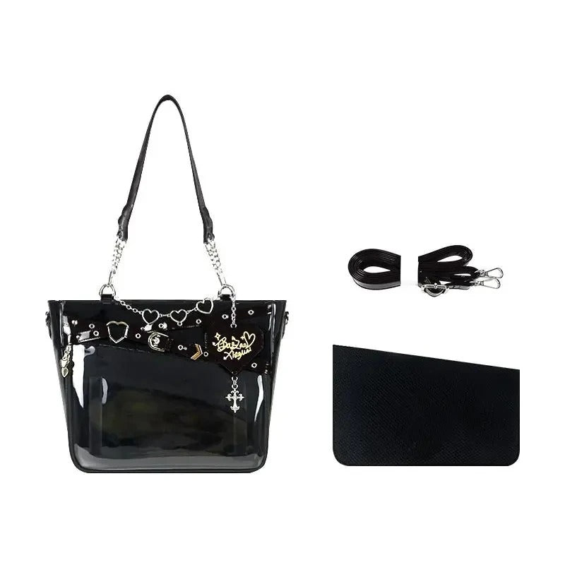 Y2k Aesthetic Underarm Ita Bag Streetwear Girl Transparent Shoulder Bag Heart Shape Chic Chain Handbag DIY Display Crossbody Bag