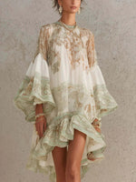 Vintage Floral Print Chiffon Mini Dress Elegant Flare Sleeve Crew Neck Ruffle Loose Beach Dress Irregular Hem Chic Boho Vestidos