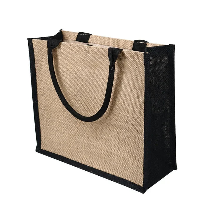 Custom Logo Natural Black Jute Bag Hessian Shopper Tote Bags With Strong Handles