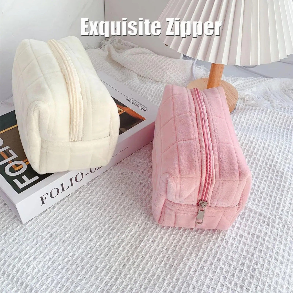 Soft Plush Quilted Cosmetic Bag Portable Zipper Makeup Organizer Cute Travel Toiletry Pouch for Women Girls