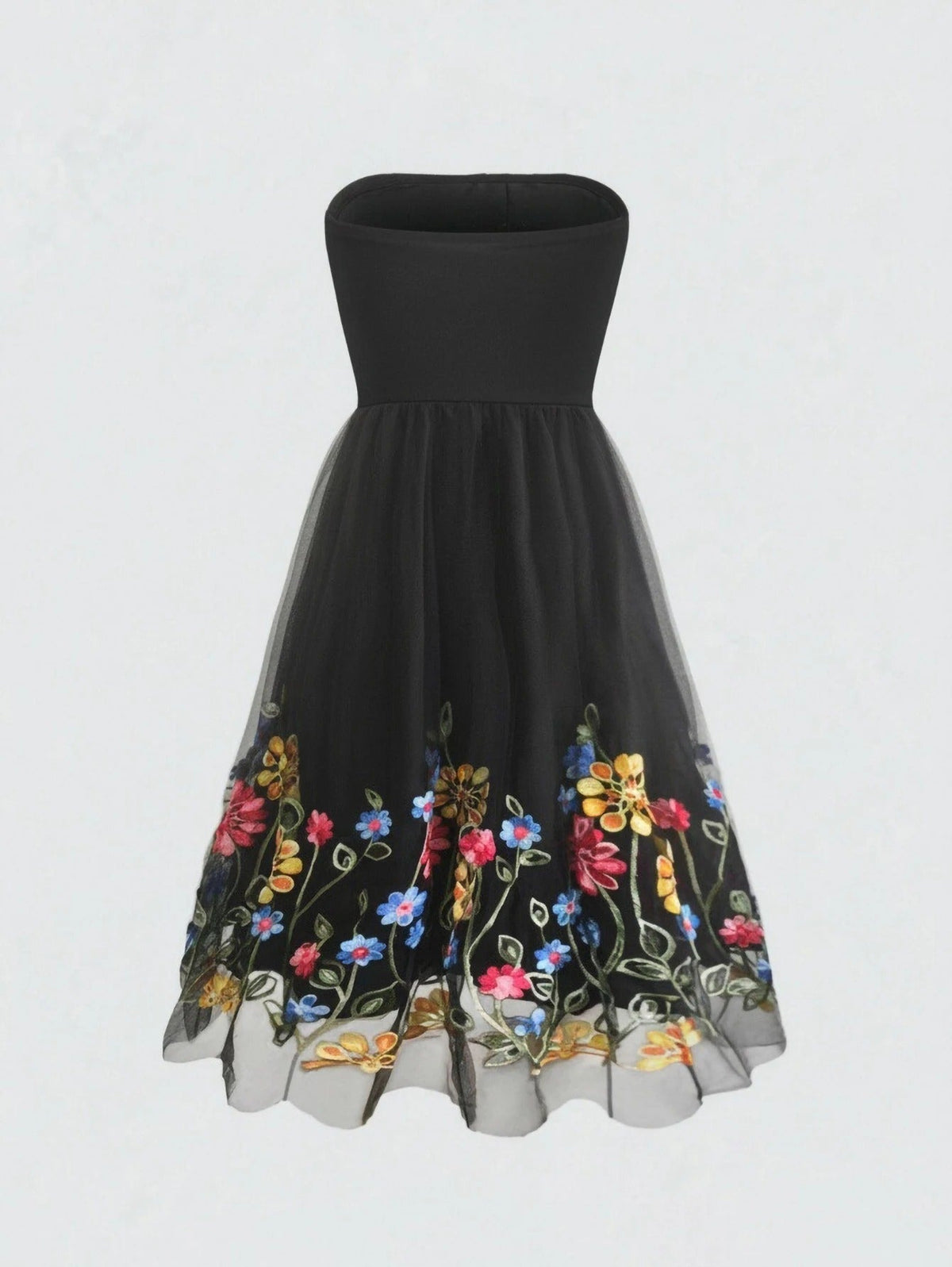 New Elegant Summer Dress for Women Embroidered Mesh Floral Strapless Casual Vintage Party Sleeveless Knee-Length Female Dress