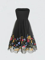 New Elegant Summer Dress for Women Embroidered Mesh Floral Strapless Casual Vintage Party Sleeveless Knee-Length Female Dress