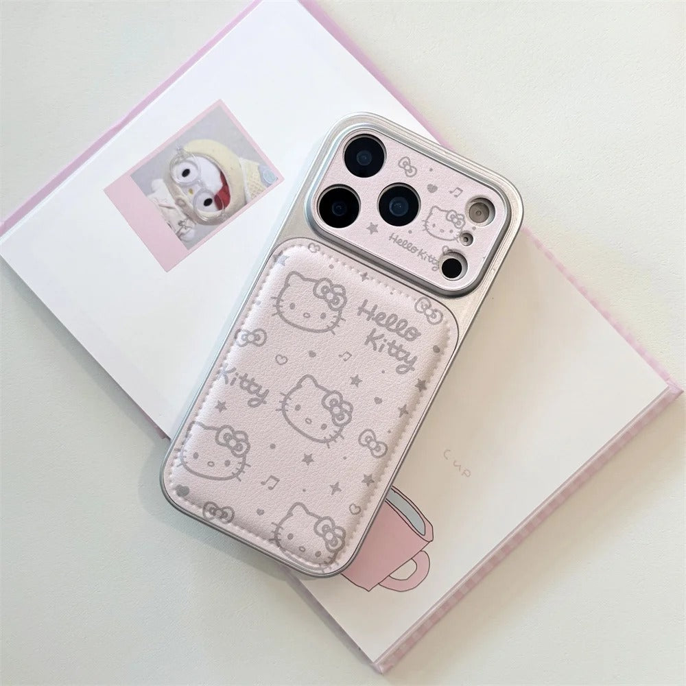 INS Electroplated Leather Hellokitty Phone Case for iPhone 17 Pro 15 14 16 Pro Max Fundas with Plush Pendant Strap Cute Cases