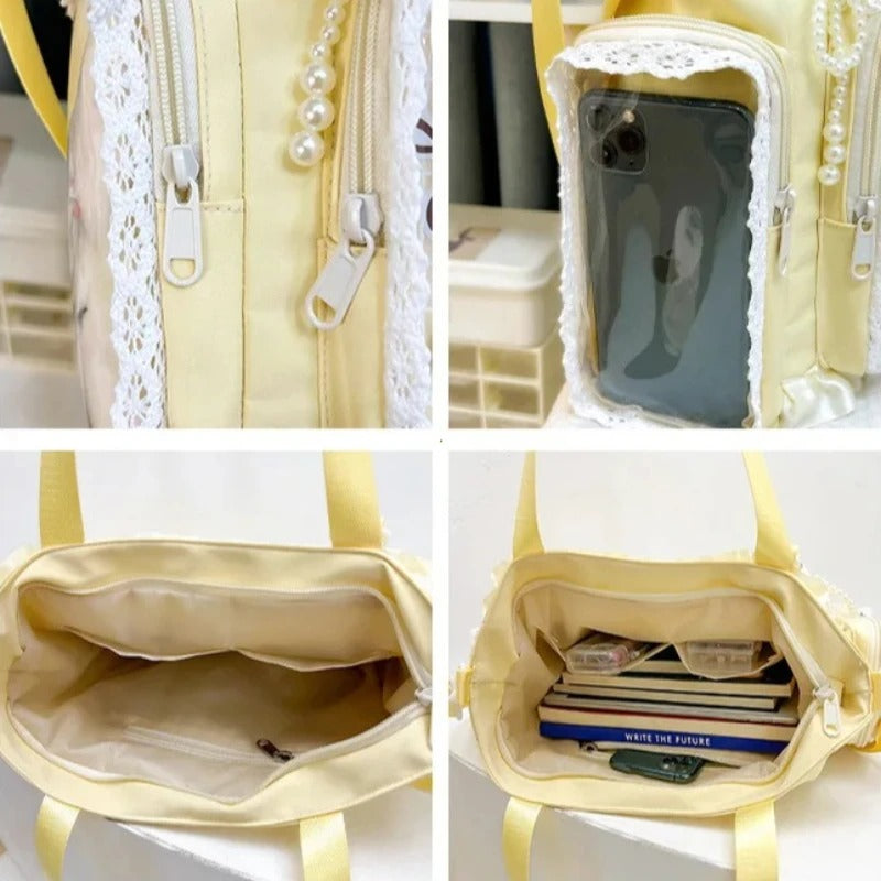 Y2k New Sweet Ita Shoulder Bag Lolita Girl Transparent Crossbody Bag Women Large Capacity Lace Tote Bag Cute DIY Display Handbag