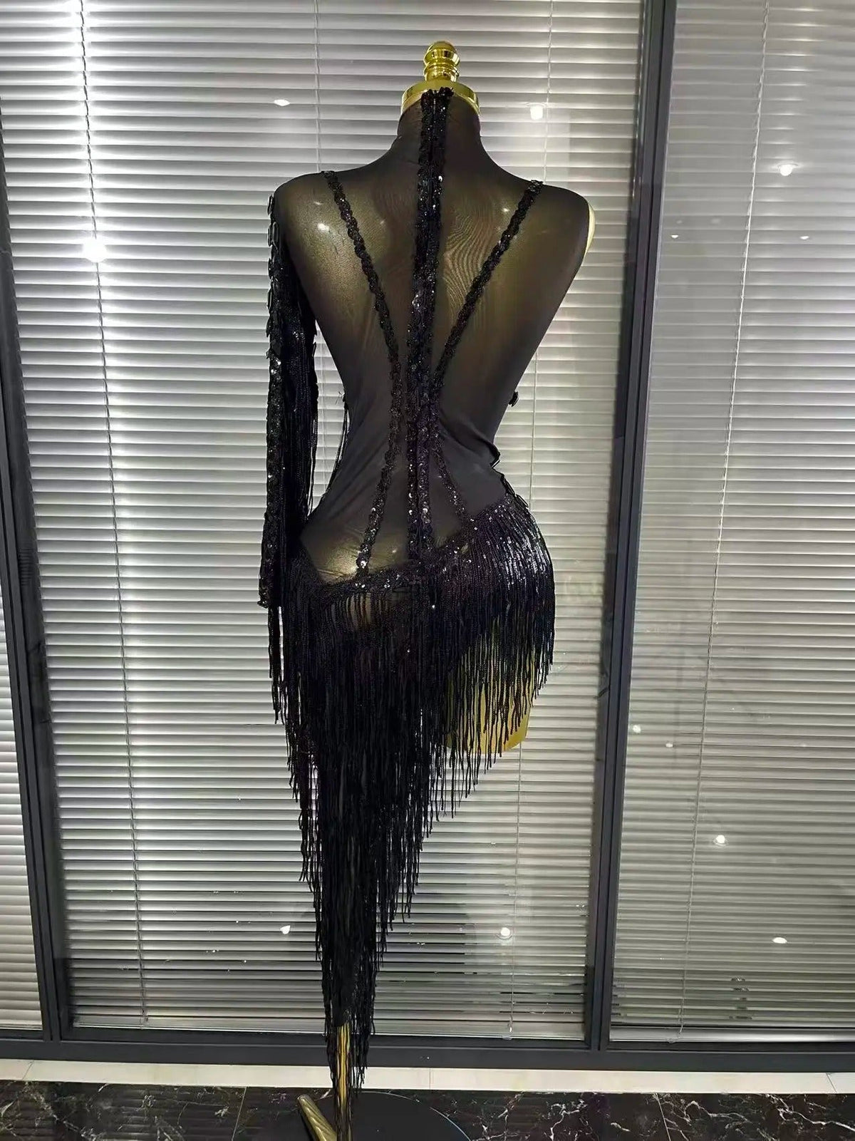 Black Red Women Sexy One Shoulder Shinning Crystal Sequins Tassels Bodycon Mid-calf Dress Nightclub Party Bar Dancer Costumes