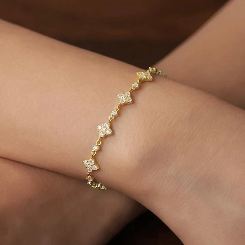 Rrjzz Round D-Color 3mm 2.5mm 2mm Full Moissanite Clover Lucky Bracelet Four Leaf Flower Beaded Bracelet for Women Jewelry Gifts
