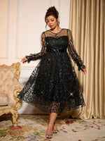Sophisticated Dinner Dress with Sheer Sleeves and Sparkling Details for Galas