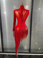 Black Red Women Sexy One Shoulder Shinning Crystal Sequins Tassels Bodycon Mid-calf Dress Nightclub Party Bar Dancer Costumes