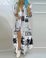Women Lapel Collar Long Sleeve Leaf Print Button Front Split Maxi Shirt Dress Casual Daily Commuter Cover Up