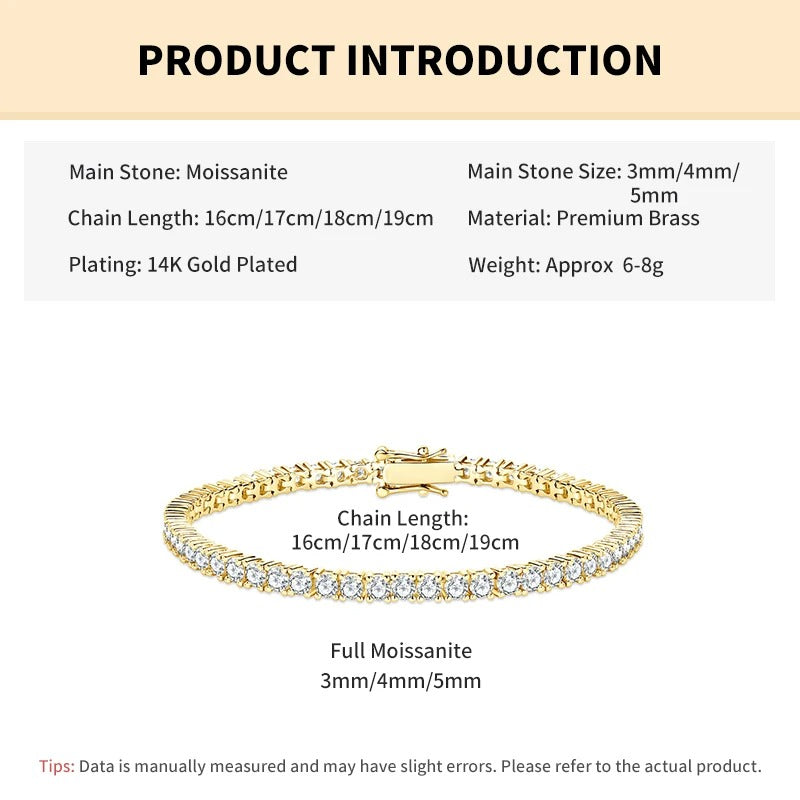 Rrjzz 3mm/4mm/5mm D-Color Full Moissanite Tennis Bracelet 16cm/17cm/18cm/19cm Eternal Charm Bracelets for Women Jewelry Gifts