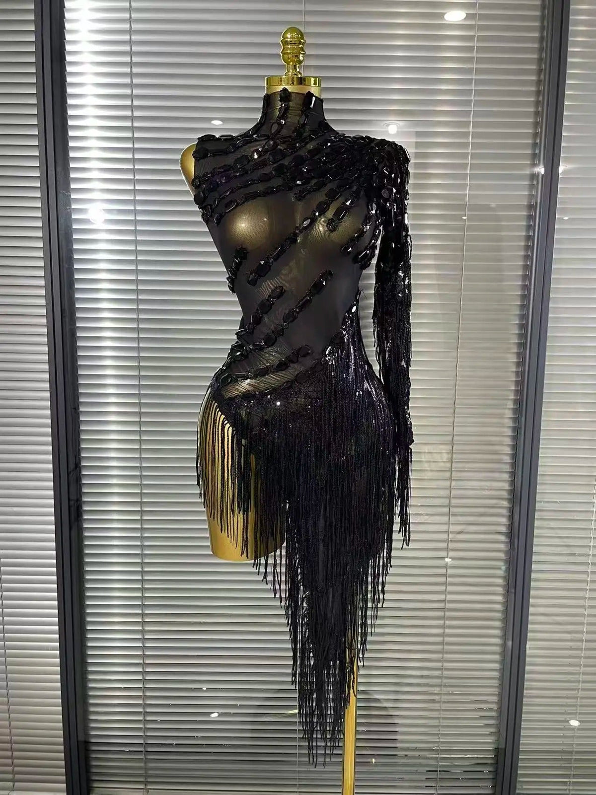 Black Red Women Sexy One Shoulder Shinning Crystal Sequins Tassels Bodycon Mid-calf Dress Nightclub Party Bar Dancer Costumes